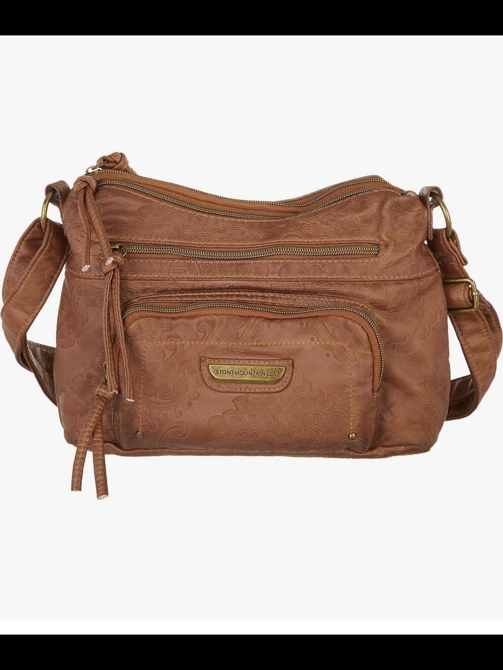 Stone Mountain Accessories Tan Floral Embossed Crossbody Bag